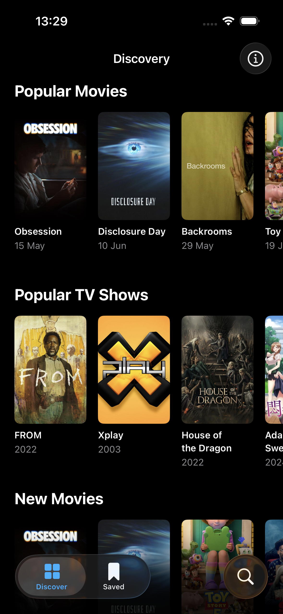 Discover screen showing popular movies and TV shows