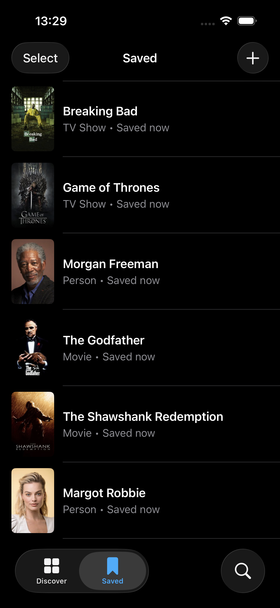 Saved screen showing a personal watchlist