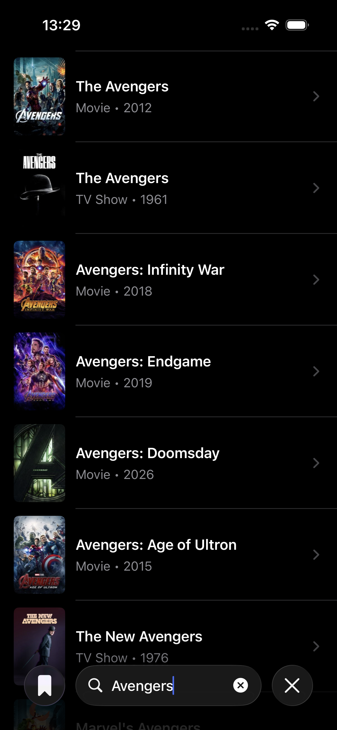 Search screen showing results for Avengers